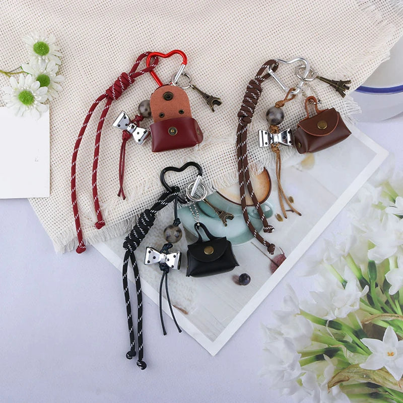 Braided Rope Bag Charm Keychain with Mini Bag & Charms