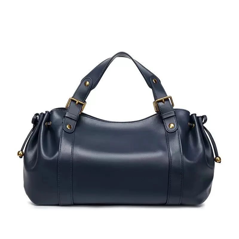 Vintage Large Ruched Drawstring Soft Leather Tote Bag Women S Crossbody Simple Handbag Commuter