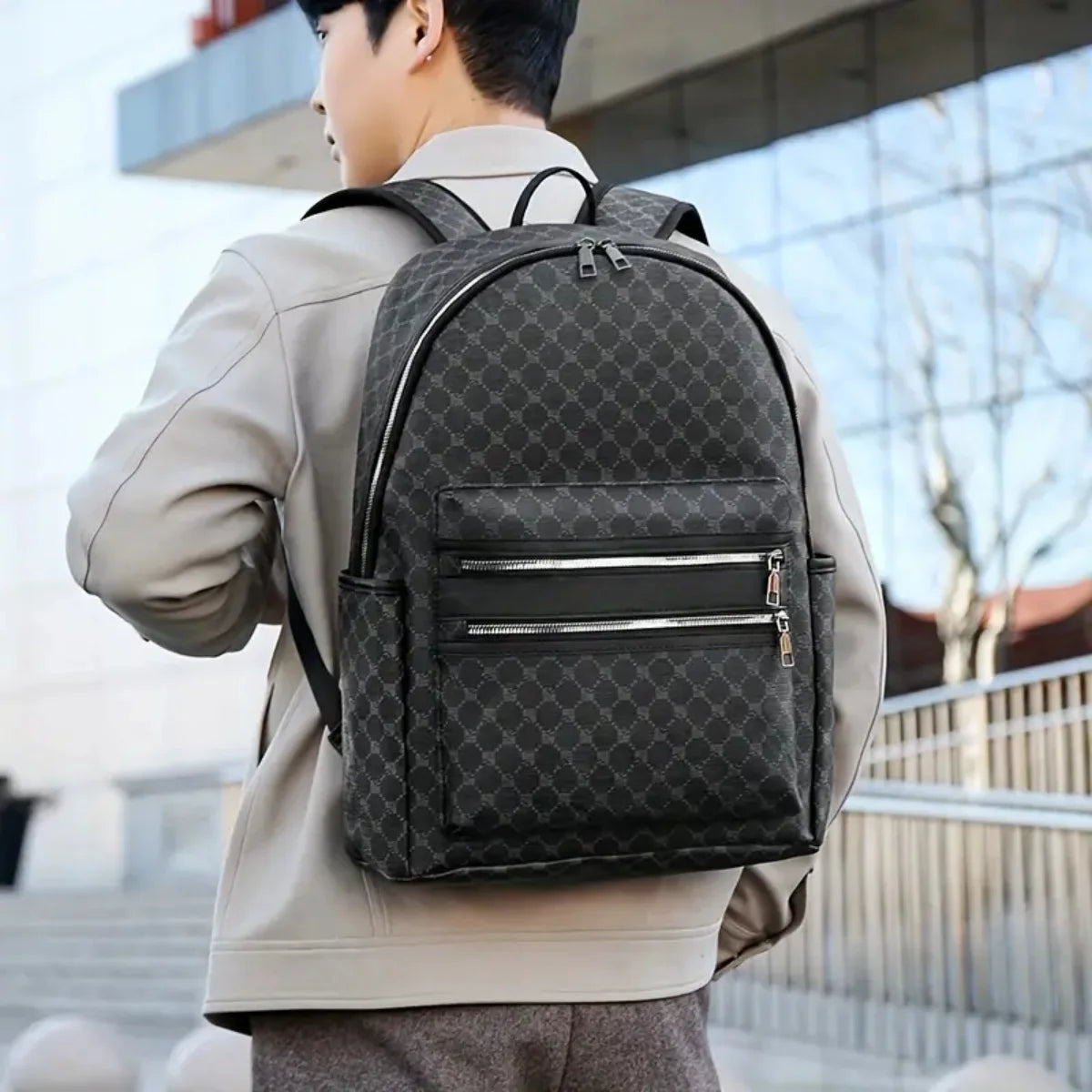 Large Capacity PU Leather Backpack – Monogram Pattern