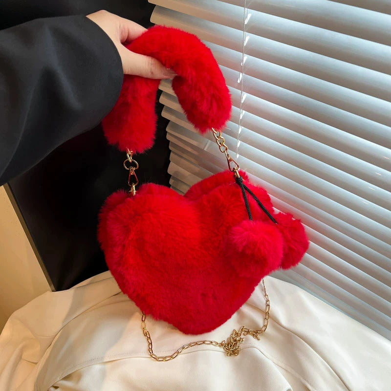 Fluffy Heart Shaped Fur Bag – Cute Plush Shoulder Bag with Chain Strap
