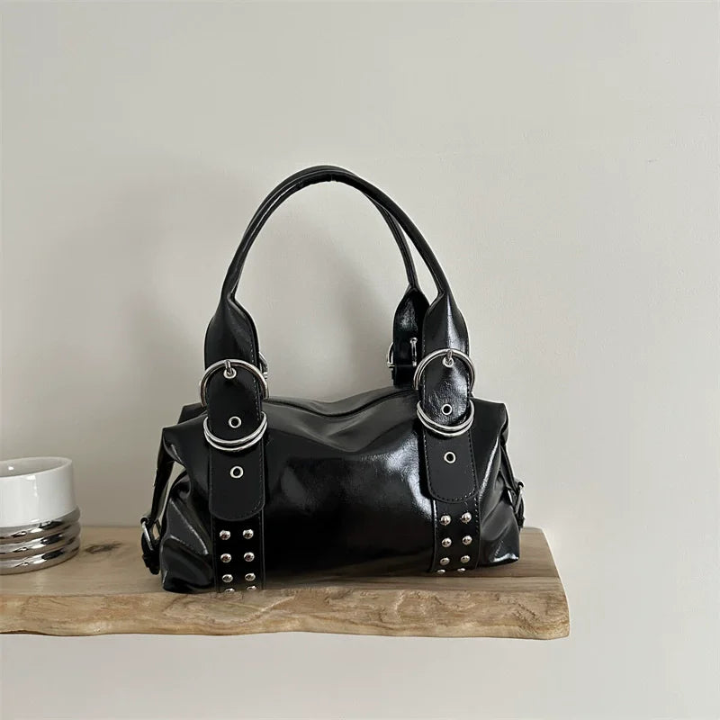 Y2K Rivet Shoulder Bag for Women – PU Leather Motorcycle Handbag