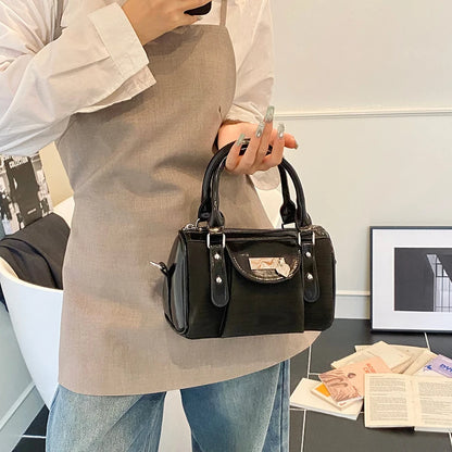 Moods Luxury Silver Trim Wave Texture Boston Bag Lady Mini Top Handle Handbag Detachable Strap