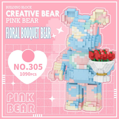 Kawaii Teddy Bear with Rose Bouquet Micro Building Blocks Set – 1090 Pieces