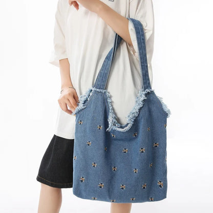 Denim Tote Bag – Frayed Edge Bow Embroidery Shoulder Handbag