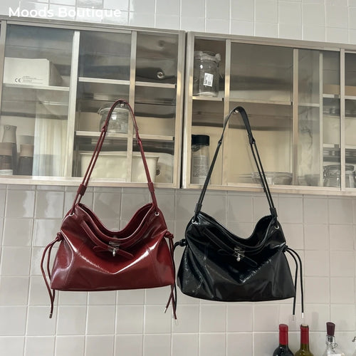 Moods Commuter Shoulder Crossbody Bags Women Waxed Pu Leather Solid Color Large Capacity Shopper