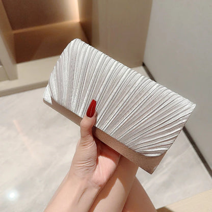 Satin Evening Clutch Bag for Women – Pleated Rhinestone Wedding Purse