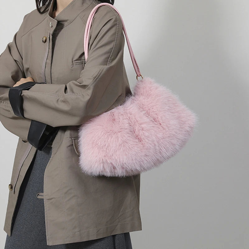 Faux Rabbit Fur Shoulder Bag – Luxury Plush Women's Handbag