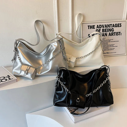 Large Shoulder Bag with Chain Strap – Women's PU Leather Hobo Tote