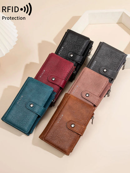 RFID Blocking Women's Trifold Wallet – Retro PU Leather Multi-Card Slot