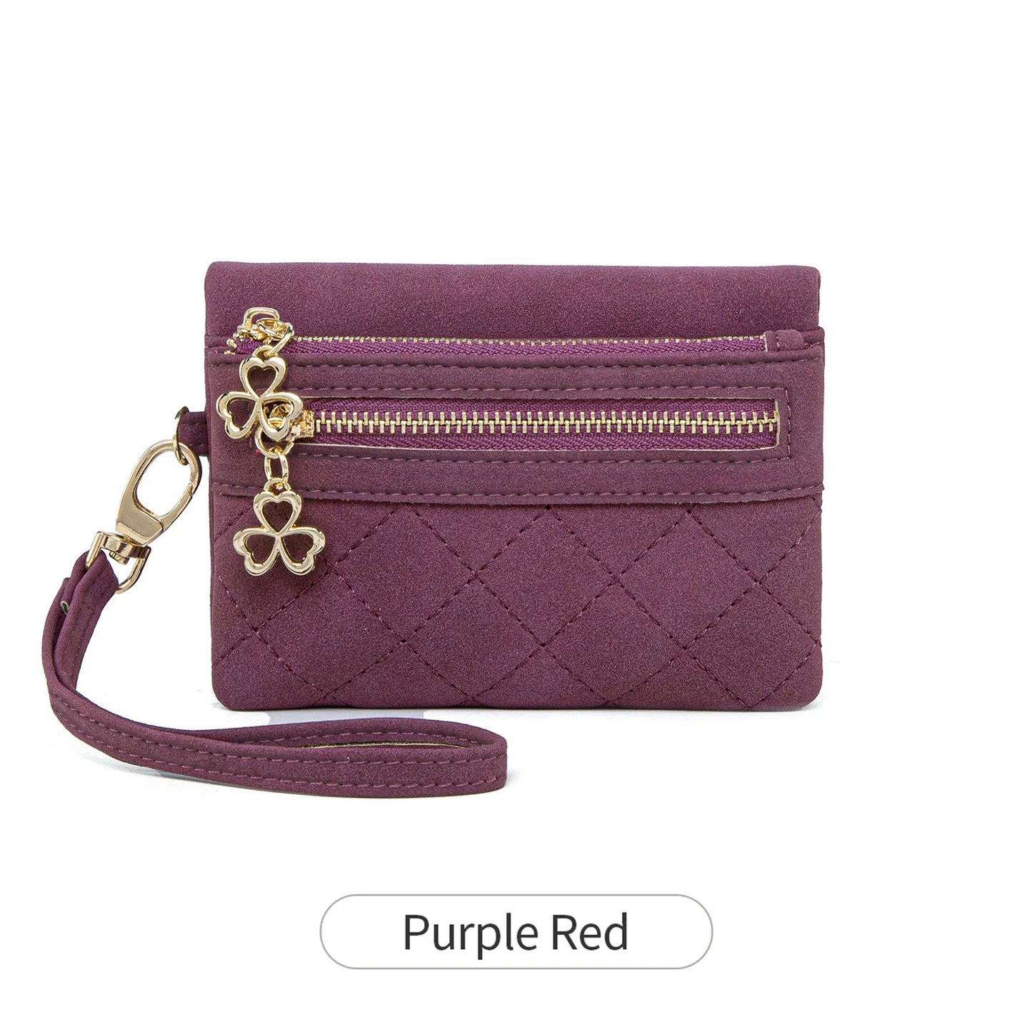 Women's Quilted PU Leather Bi-Fold Wallet with Wristlet & Zipper
