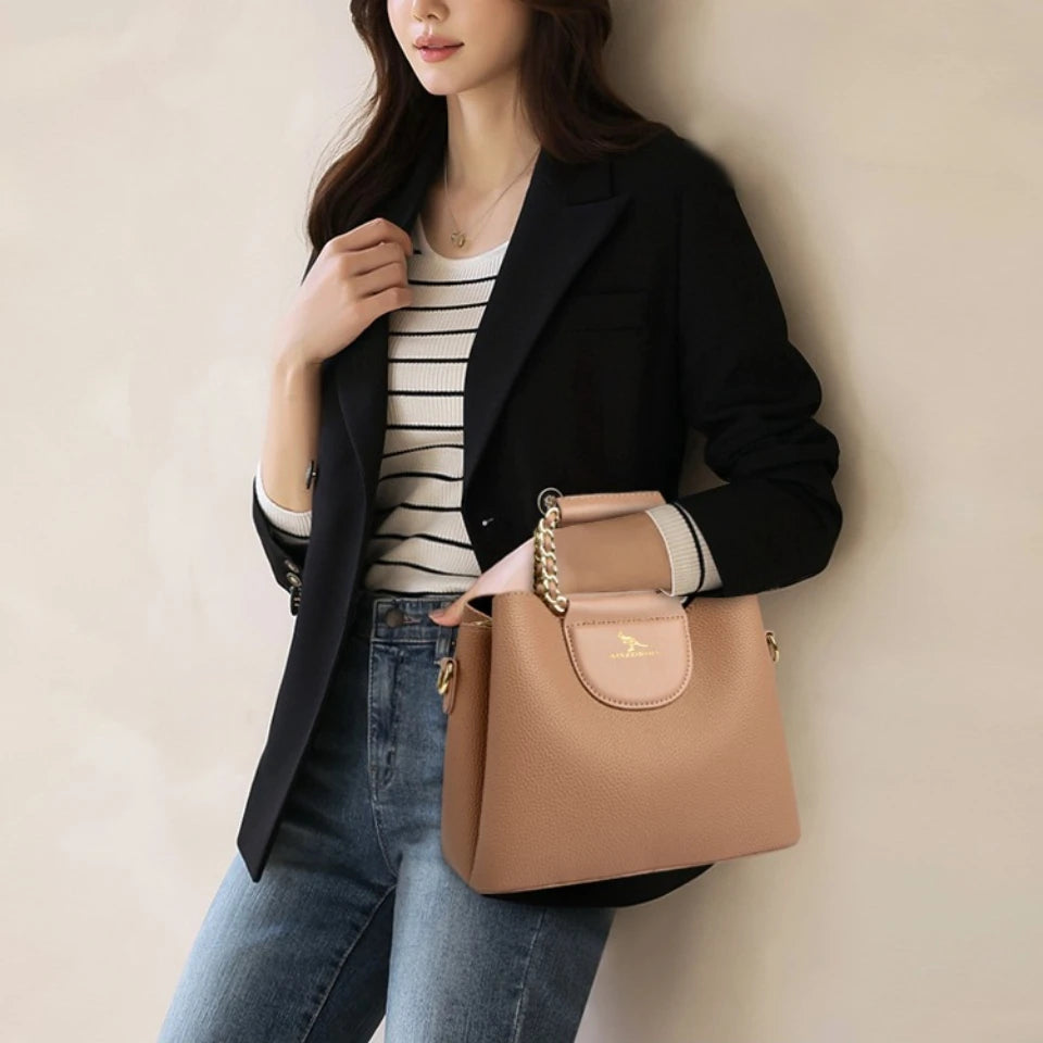 Luxury PU Leather Handbag for Women – 3-Layer Tote, Shoulder & Crossbody Bag
