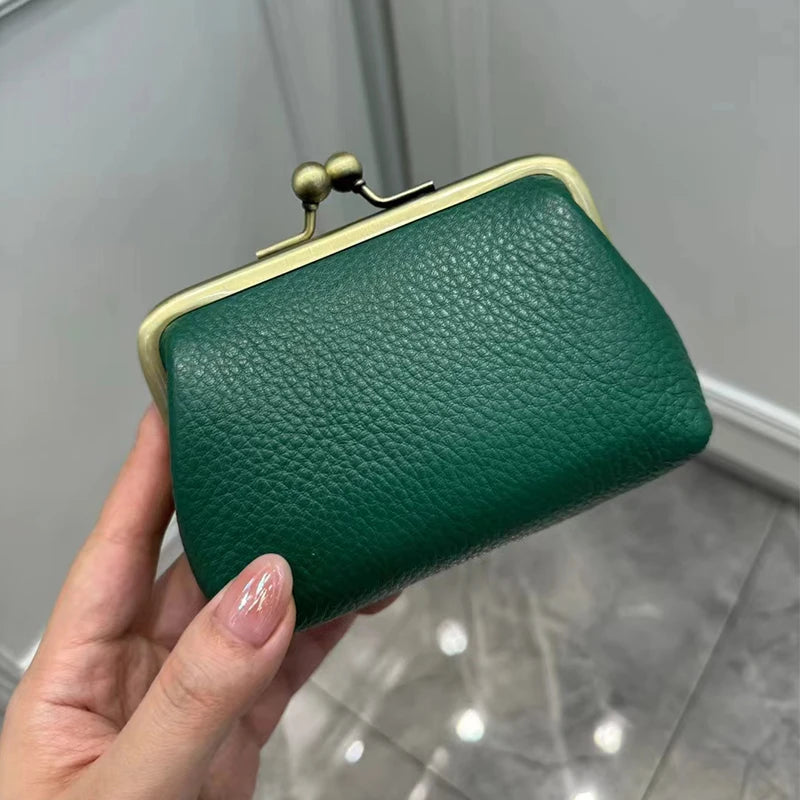 Genuine Leather Kiss Lock Coin Purse for Women