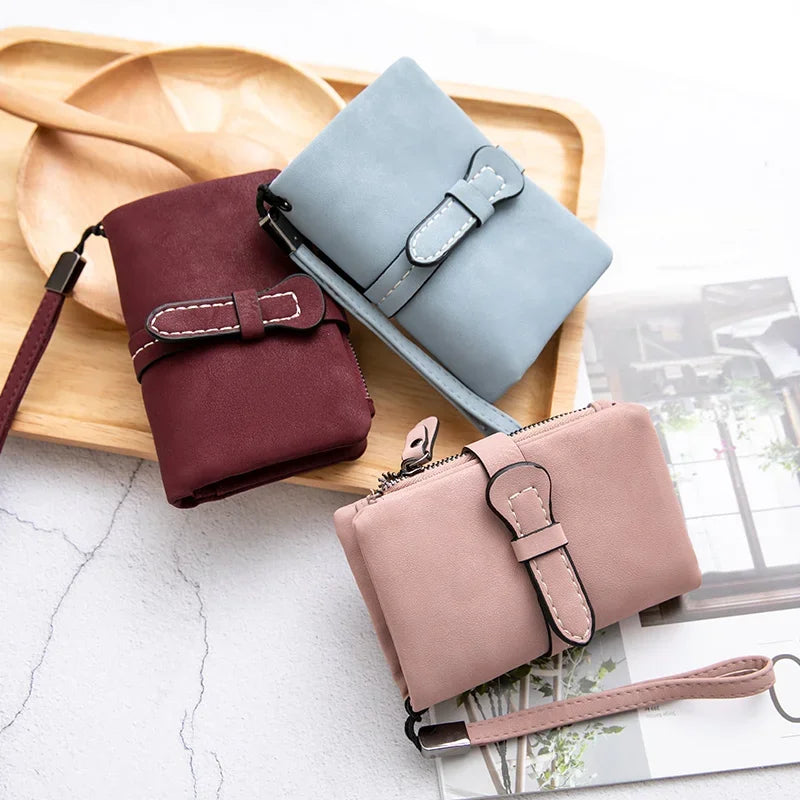 Women's Short Wallet – Minimalist Bifold Card Holder with ID Window & Wristlet
