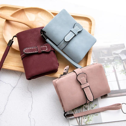 Women's Short Wallet – Minimalist Bifold Card Holder with ID Window & Wristlet