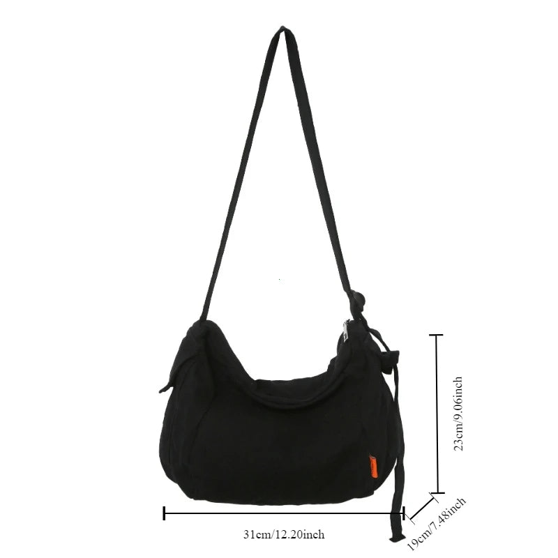 Female Canvas Fabric Hobo Soft Slouchy Shoulder Bag Y2k Student Leisure Medium Size School Book