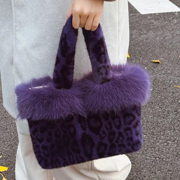 Autumn Winter Leopard Print Tote Bag Shoulder Hair Large Capacity Messenger Plush Student