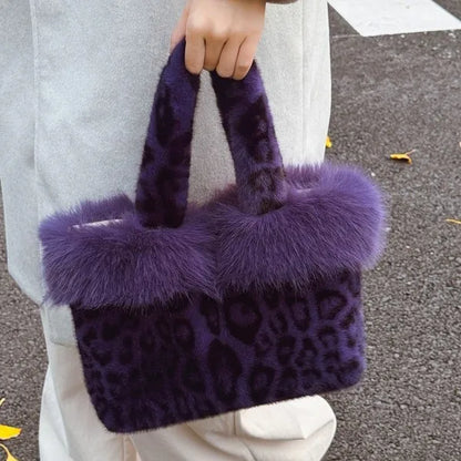 Autumn Winter Leopard Print Tote Bag Shoulder Hair Large Capacity Messenger Plush Student