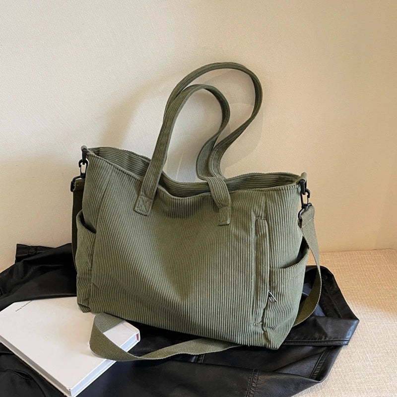 Corduroy Tote Bag for Women – Multi-Pocket Crossbody Shoulder Bag