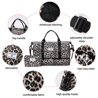 Leopard Print Duffle Bag Set – Travel Bag with Cosmetic Pouch