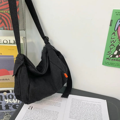 Female Canvas Fabric Hobo Soft Slouchy Shoulder Bag Y2k Student Leisure Medium Size School Book
