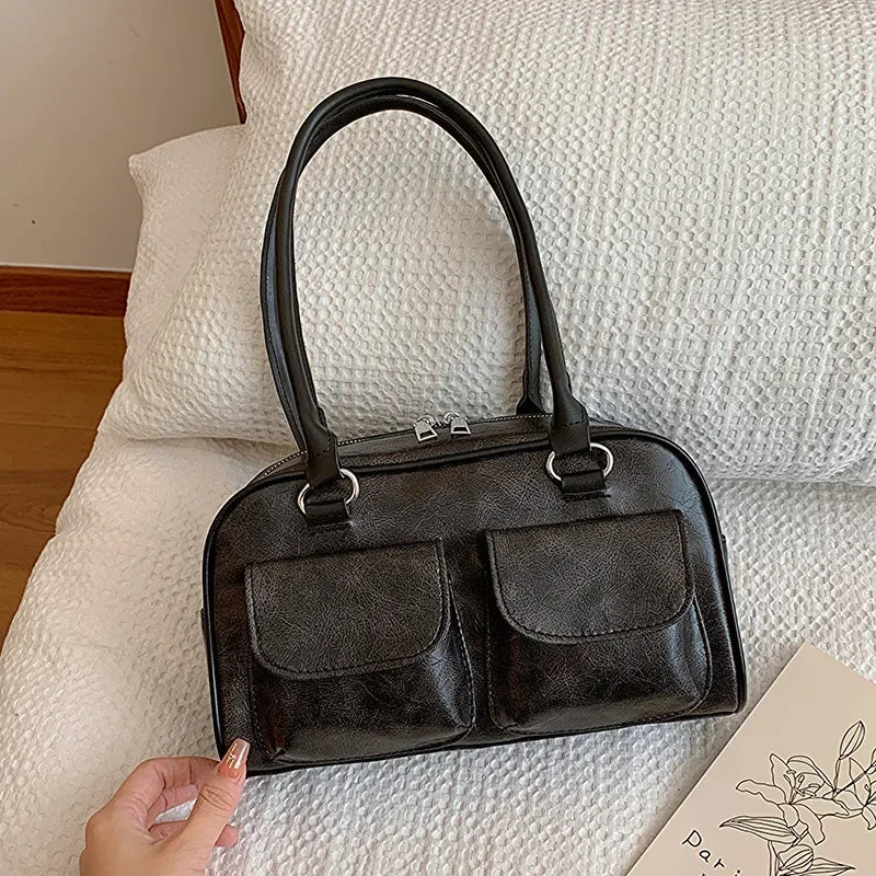 Retro Double Pocket Shoulder Bag – Women's Vintage Handbag
