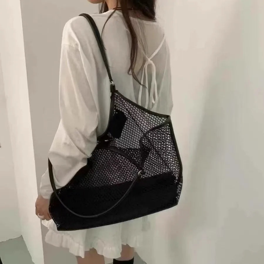 Large Mesh Tote Bag for Women – PU Leather Trim Shoulder Bag