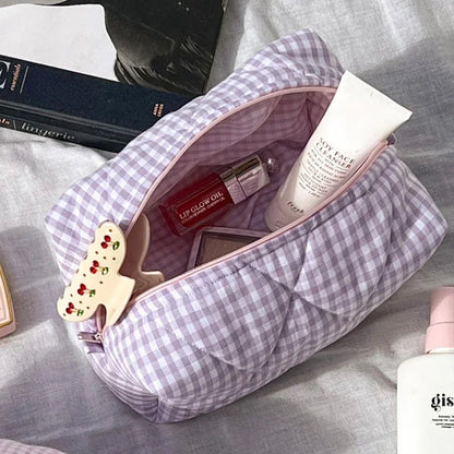 Checkered Floral Makeup Bag Large Capacity Portable Cosmetic Storage Cotton Quilted Wash Skincare