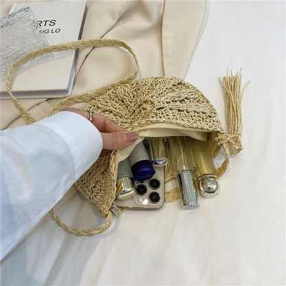 Handmade Straw Woven Crossbody Bag – Boho Semicircle Shoulder Bag