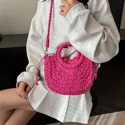Woven Straw Handbag - Women's Half Moon Rattan Shoulder Bag