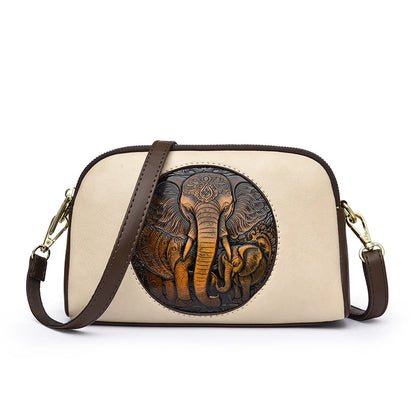 Vintage Elephant Embossed Leather Crossbody Bag for Women – Retro Messenger