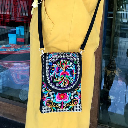 Embroidered Boho Crossbody Phone Bag for Women – Canvas Mini Shoulder Bag