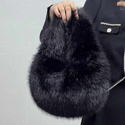 Faux Fur Half Moon Bag for Women – Fluffy Mini Tote Handbag
