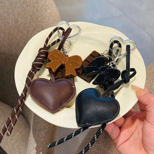 PU Leather Heart & Bow Keychain with Woven Rope Tassel