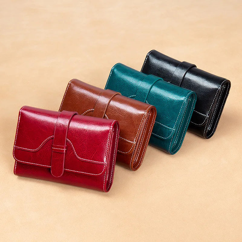 Genuine Leather Women's Tri-Fold Wallet – Oil Wax Snap