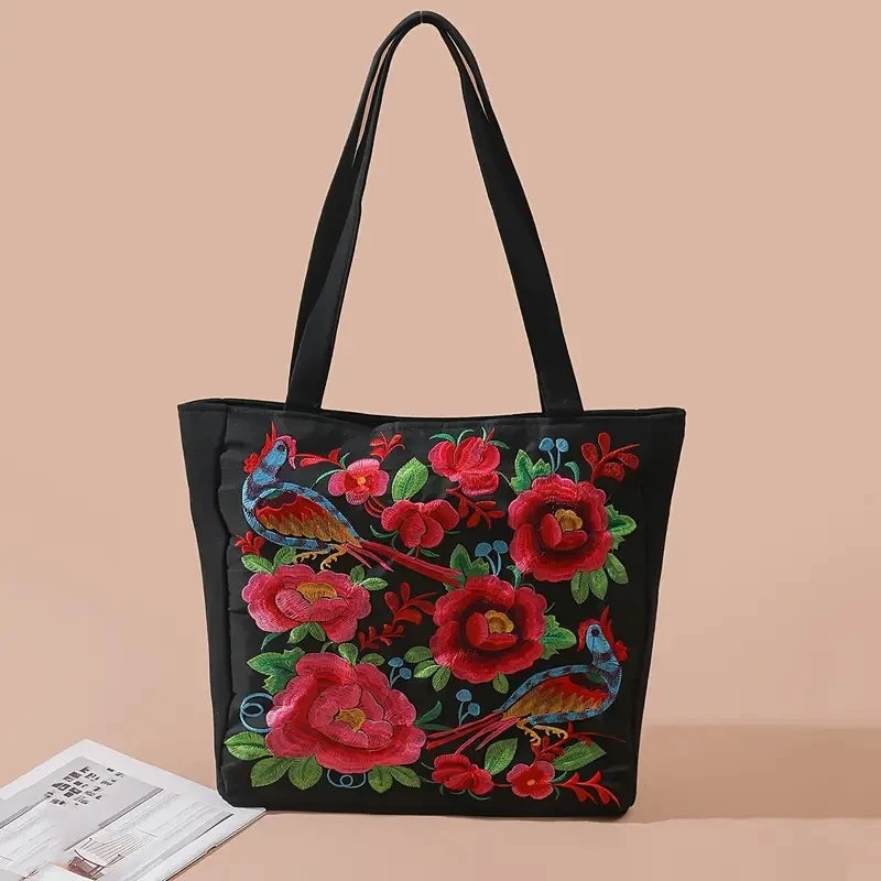 Embroidered Canvas Tote Bag – Ethnic Floral & Phoenix Shoulder Bag
