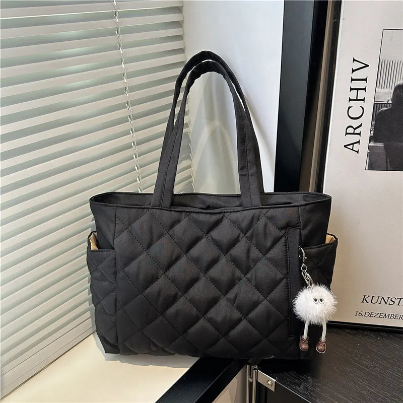 Cotton Shoulder Bag - Large Capacity Diamond Pattern Tote for Women