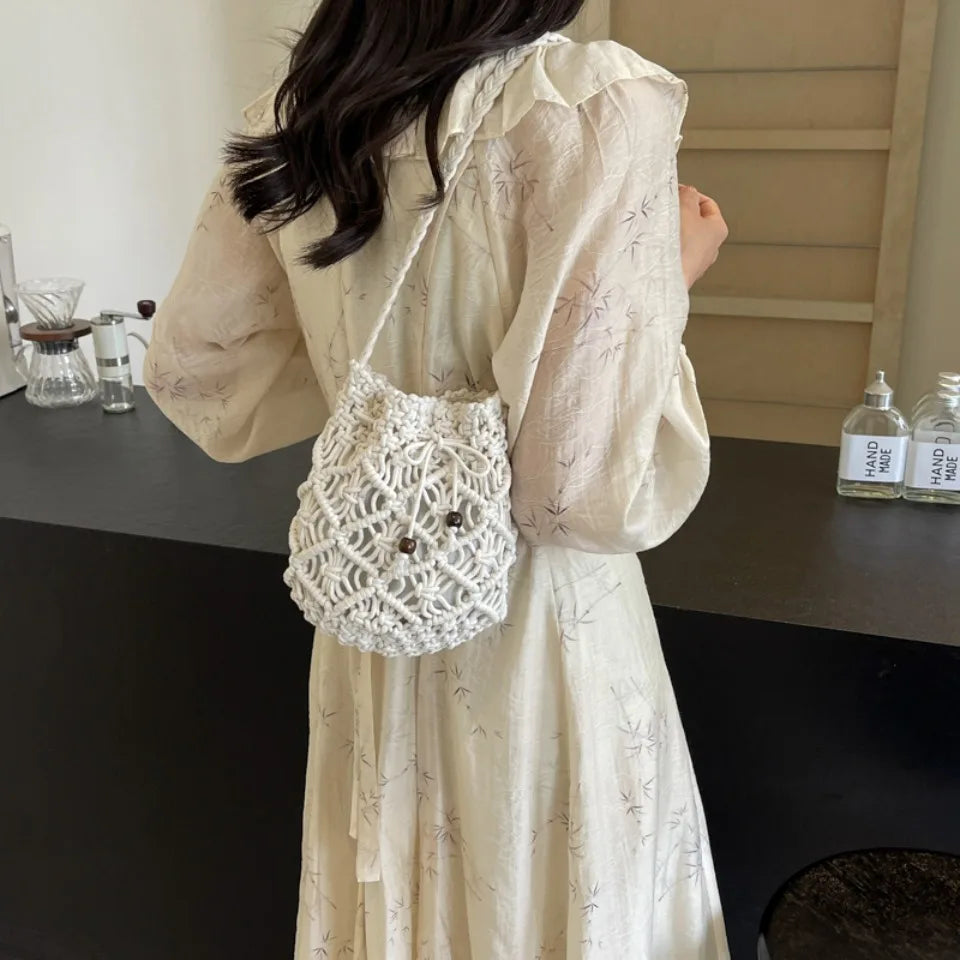 Woven Bucket Bag – Women's Knit Crochet Crossbody Beach Tote