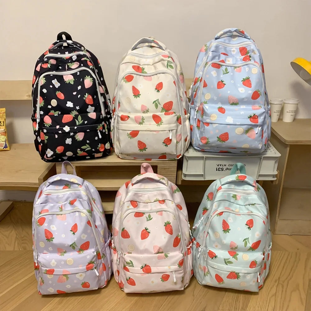 Strawberry Print Nylon Backpack – Cute Lightweight School Bag