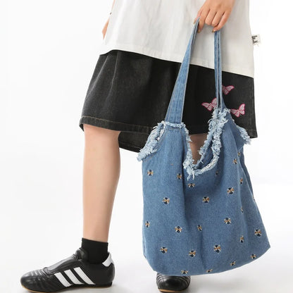 Denim Tote Bag – Frayed Edge Bow Embroidery Shoulder Handbag