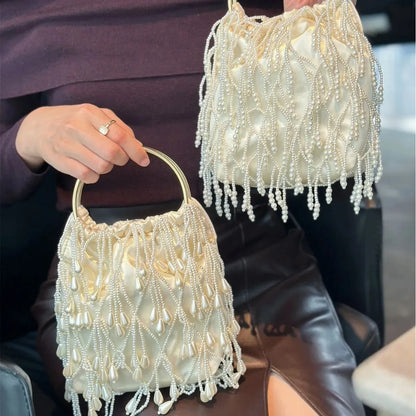 Pearl Beaded Fringe Evening Bag – Luxury Satin Handbag for Wedding & Party