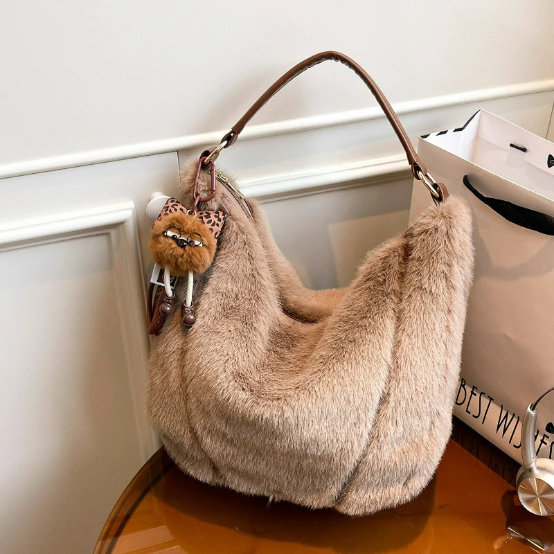 Winter Shoulder Bag Large Capacity Commuting Tote Handle Women Plush Fur Comfortable Versatile