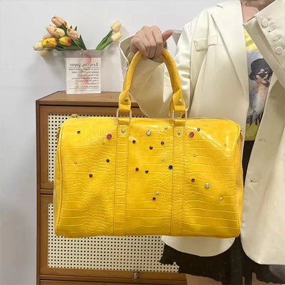 Crocodile Pattern Travel Handbag with Diamond Embellishments