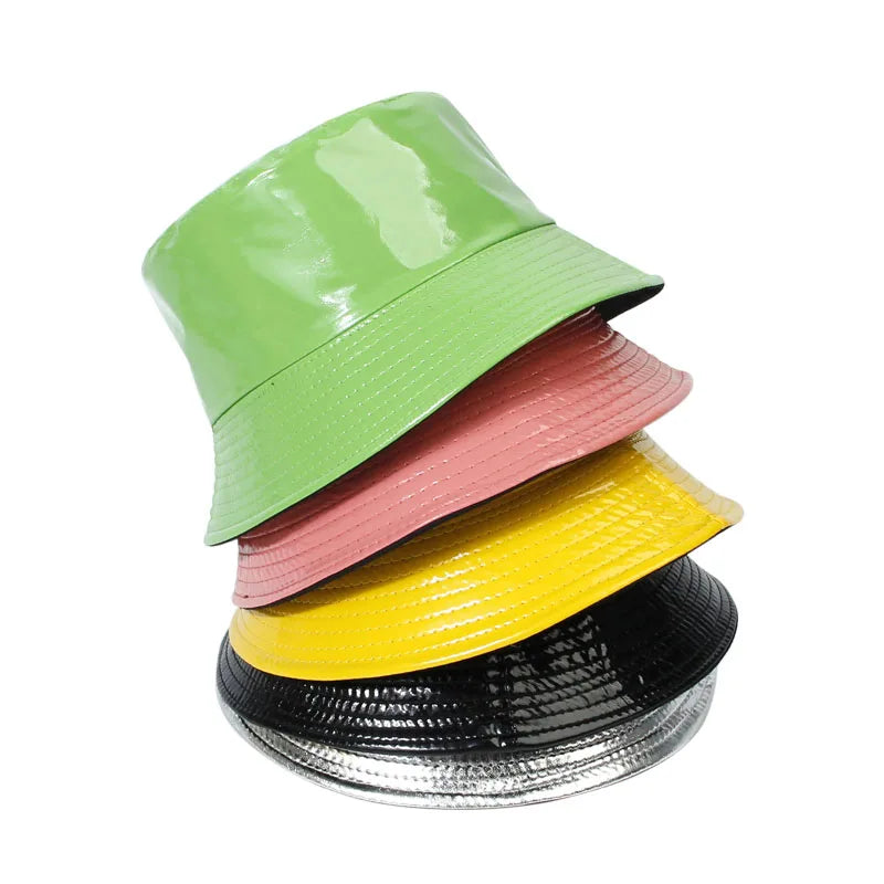 Shiny PU Leather Bucket Hat – Unisex Waterproof Cap