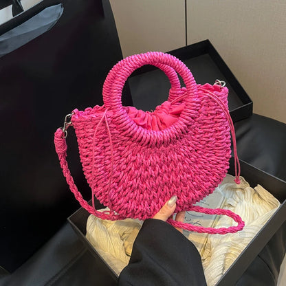 Woven Straw Handbag - Women's Half Moon Rattan Shoulder Bag