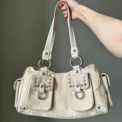 Y2K Retro Printed Shoulder Bag with Rivet Multi-Pocket Tote