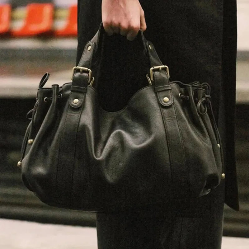 Large Capacity Leather Boston Bag – Women's Luxury Soft Crumpled Shoulder & Crossbody Handbag
