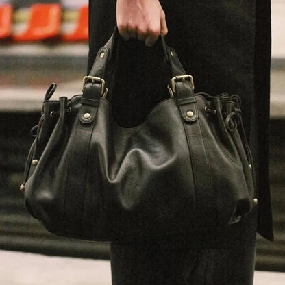 Large Capacity Leather Boston Bag – Women's Luxury Soft Crumpled Shoulder & Crossbody Handbag
