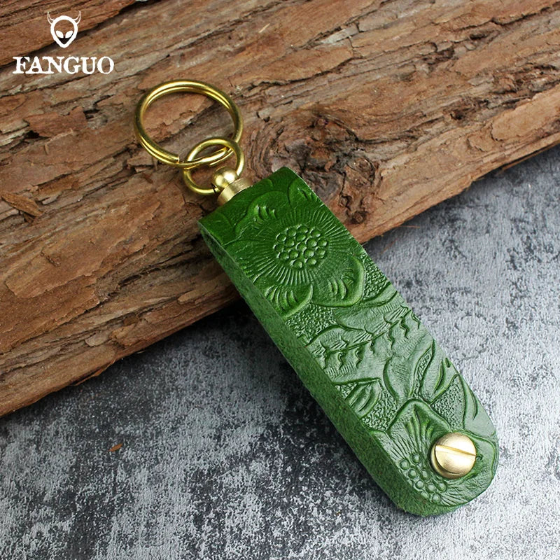 Genuine Leather Key Pouch Organizer – Handmade Floral Embossed Keychain Holder