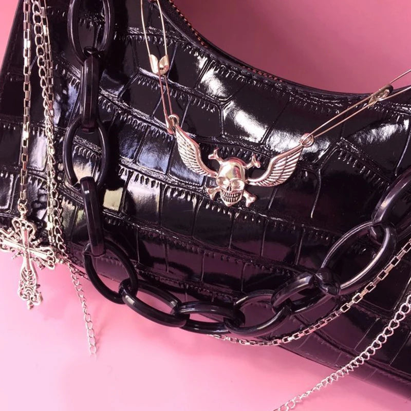 Y2K Skull Shoulder Bag – Crocodile Pattern Dark Punk Handbag