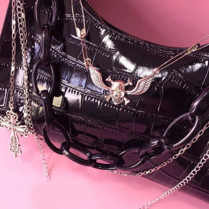 Y2K Skull Shoulder Bag – Crocodile Pattern Dark Punk Handbag